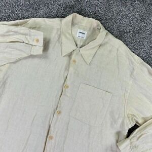 Lorenzini Beige 100% Linen Button Up Shirt Men XXL Long Sleeve Loop Collar Italy